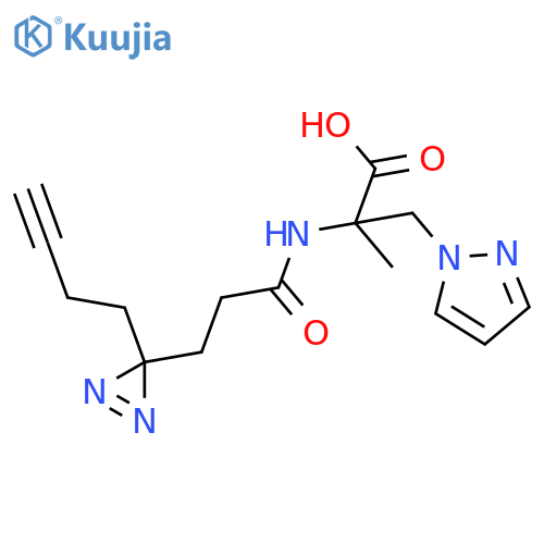 2-{3-3-(but-3-yn-1-yl)-3H-diazirin-3-ylpropanamido}-2-methyl-3-(1H-pyrazol-1-yl)propanoic acid structure