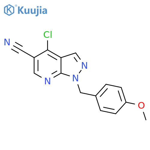 4-chloro-1-[(4-methoxyphenyl)methyl]-1H-pyrazolo[3,4-b]pyridine-5-carbonitrile structure