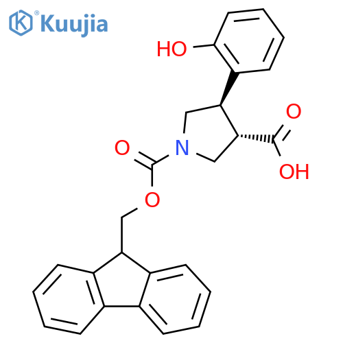 rac-(3R,4S)-1-{(9H-fluoren-9-yl)methoxycarbonyl}-4-(2-hydroxyphenyl)pyrrolidine-3-carboxylic acid structure