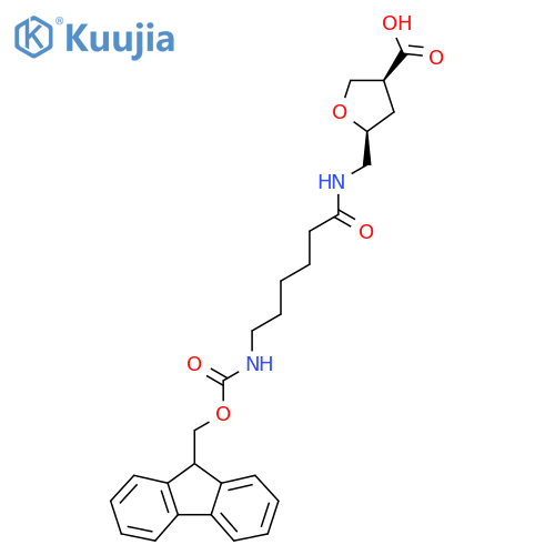 rac-(3R,5R)-5-{6-({(9H-fluoren-9-yl)methoxycarbonyl}amino)hexanamidomethyl}oxolane-3-carboxylic acid structure