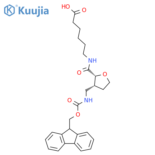 rac-6-{(2R,3R)-3-({(9H-fluoren-9-yl)methoxycarbonyl}amino)methyloxolan-2-ylformamido}hexanoic acid structure