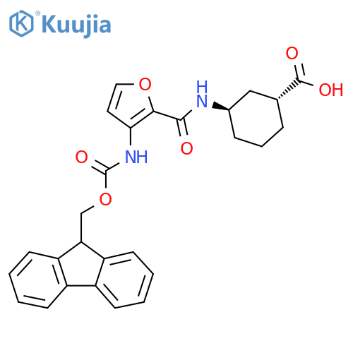 rac-(1R,3R)-3-3-({(9H-fluoren-9-yl)methoxycarbonyl}amino)furan-2-amidocyclohexane-1-carboxylic acid structure
