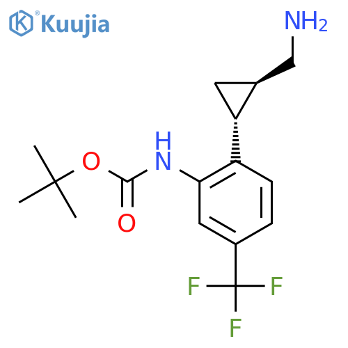 rac-tert-butyl N-{2-(1R,2R)-2-(aminomethyl)cyclopropyl-5-(trifluoromethyl)phenyl}carbamate structure