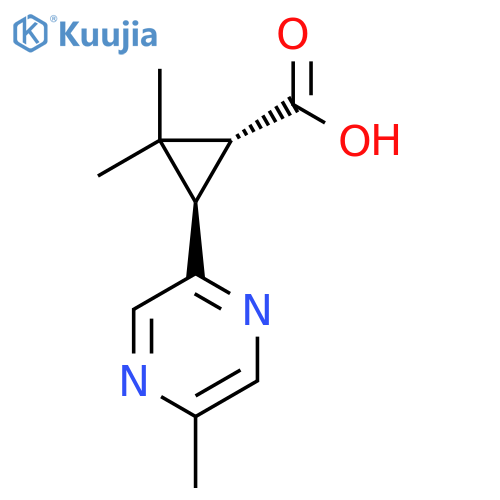 rac-(1R,3R)-2,2-dimethyl-3-(5-methylpyrazin-2-yl)cyclopropane-1-carboxylic acid structure