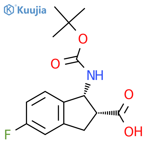 rac-(1R,2R)-1-{(tert-butoxy)carbonylamino}-5-fluoro-2,3-dihydro-1H-indene-2-carboxylic acid structure