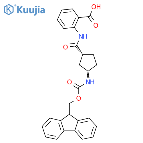 rac-2-(1R,3S)-3-({(9H-fluoren-9-yl)methoxycarbonyl}amino)cyclopentaneamidobenzoic acid structure