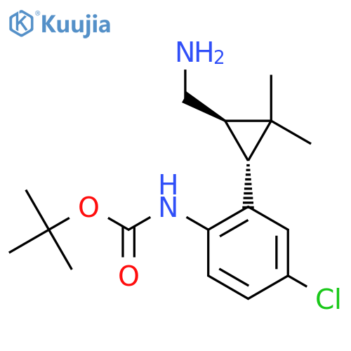 rac-tert-butyl N-{2-[(1R,3R)-3-(aminomethyl)-2,2-dimethylcyclopropyl]-4-chlorophenyl}carbamate structure