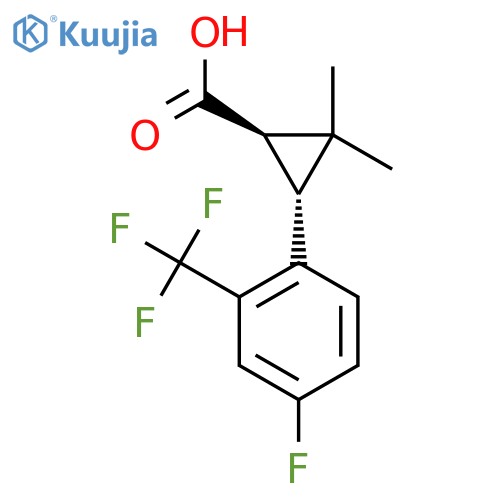 rac-(1R,3R)-3-4-fluoro-2-(trifluoromethyl)phenyl-2,2-dimethylcyclopropane-1-carboxylic acid structure