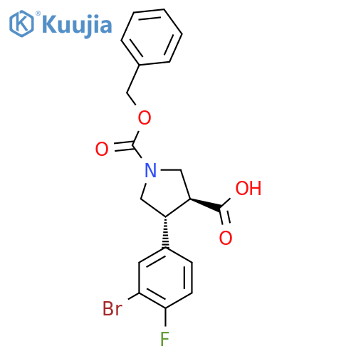 rac-(3R,4S)-1-(benzyloxy)carbonyl-4-(3-bromo-4-fluorophenyl)pyrrolidine-3-carboxylic acid structure