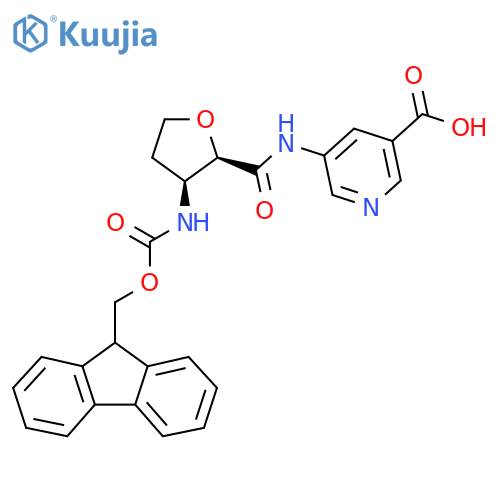 rac-5-(2R,3S)-3-({(9H-fluoren-9-yl)methoxycarbonyl}amino)oxolane-2-amidopyridine-3-carboxylic acid structure