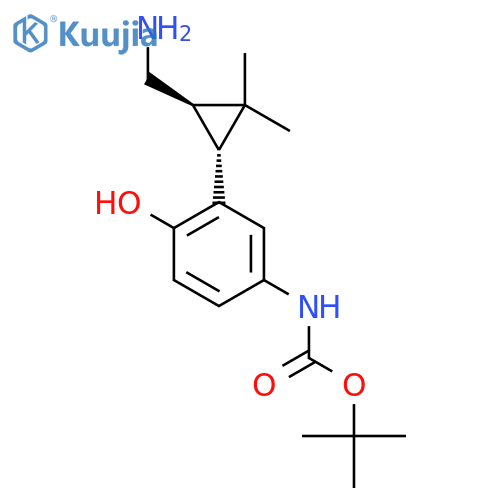 rac-tert-butyl N-{3-(1R,3R)-3-(aminomethyl)-2,2-dimethylcyclopropyl-4-hydroxyphenyl}carbamate structure