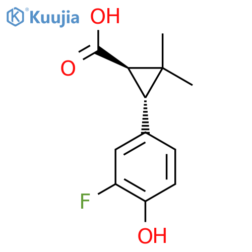 rac-(1R,3R)-3-(3-fluoro-4-hydroxyphenyl)-2,2-dimethylcyclopropane-1-carboxylic acid structure