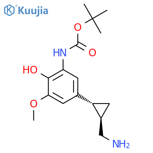 rac-tert-butyl N-{5-(1R,2R)-2-(aminomethyl)cyclopropyl-2-hydroxy-3-methoxyphenyl}carbamate structure