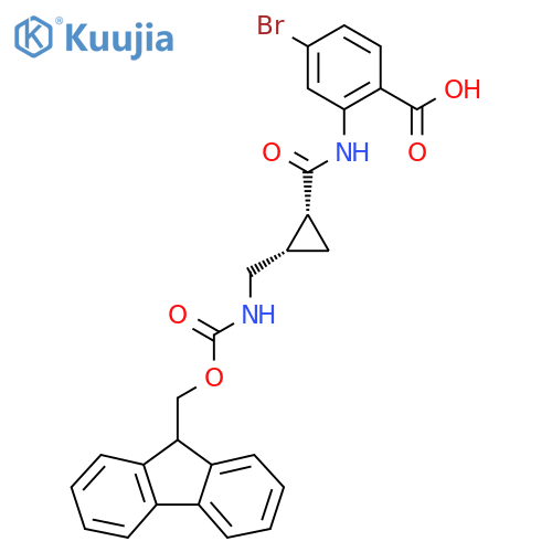 rac-4-bromo-2-(1R,2S)-2-({(9H-fluoren-9-yl)methoxycarbonyl}amino)methylcyclopropaneamidobenzoic acid structure