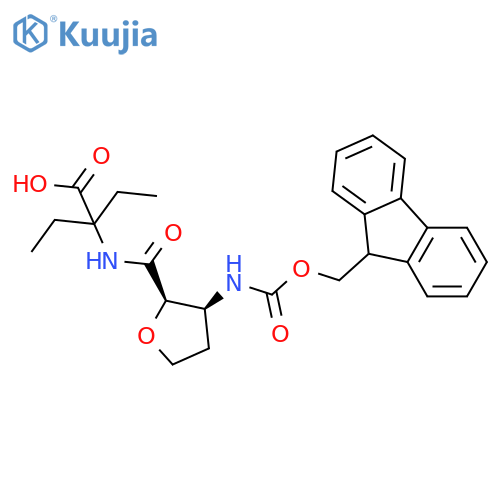 rac-2-ethyl-2-{(2R,3S)-3-({(9H-fluoren-9-yl)methoxycarbonyl}amino)oxolan-2-ylformamido}butanoic acid structure