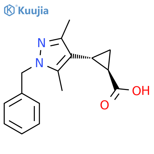 rac-(1R,2R)-2-(1-benzyl-3,5-dimethyl-1H-pyrazol-4-yl)cyclopropane-1-carboxylic acid structure
