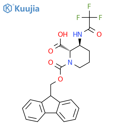 rac-(2R,3R)-1-{(9H-fluoren-9-yl)methoxycarbonyl}-3-(trifluoroacetamido)piperidine-2-carboxylic acid structure