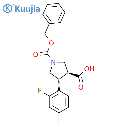 rac-(3R,4S)-1-(benzyloxy)carbonyl-4-(2-fluoro-4-methylphenyl)pyrrolidine-3-carboxylic acid structure