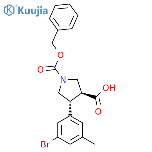 rac-(3R,4S)-1-(benzyloxy)carbonyl-4-(3-bromo-5-methylphenyl)pyrrolidine-3-carboxylic acid structure