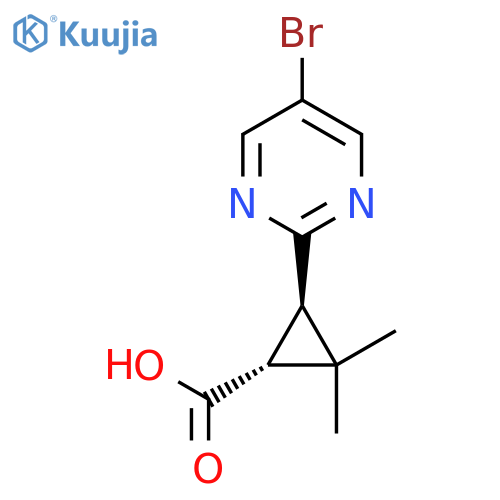 rac-(1R,3R)-3-(5-bromopyrimidin-2-yl)-2,2-dimethylcyclopropane-1-carboxylic acid structure