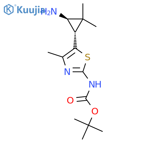 rac-tert-butyl N-{5-(1R,3S)-3-amino-2,2-dimethylcyclopropyl-4-methyl-1,3-thiazol-2-yl}carbamate structure