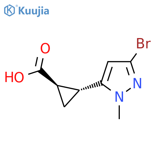 rac-(1R,2R)-2-(3-bromo-1-methyl-1H-pyrazol-5-yl)cyclopropane-1-carboxylic acid structure