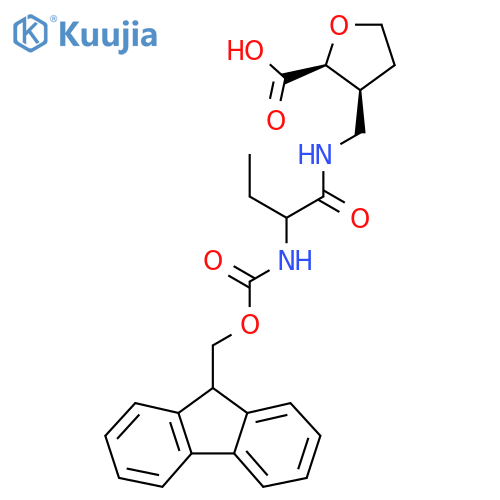 rac-(2R,3R)-3-{2-({(9H-fluoren-9-yl)methoxycarbonyl}amino)butanamidomethyl}oxolane-2-carboxylic acid structure