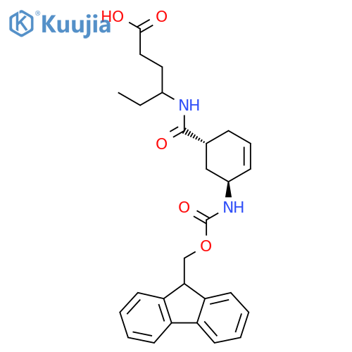 rac-4-{(1R,5S)-5-({(9H-fluoren-9-yl)methoxycarbonyl}amino)cyclohex-3-en-1-ylformamido}hexanoic acid structure