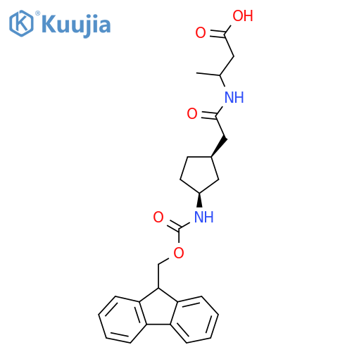 rac-3-{2-(1R,3S)-3-({(9H-fluoren-9-yl)methoxycarbonyl}amino)cyclopentylacetamido}butanoic acid structure