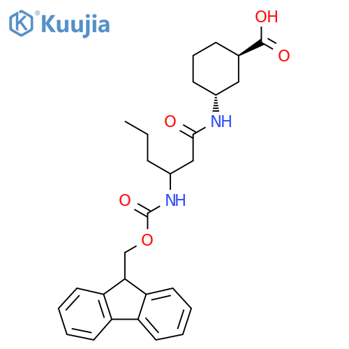 rac-(1R,3R)-3-3-({(9H-fluoren-9-yl)methoxycarbonyl}amino)hexanamidocyclohexane-1-carboxylic acid structure