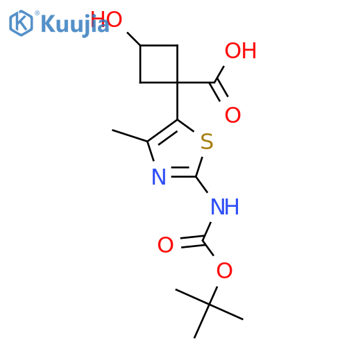1-(2-{(tert-butoxy)carbonylamino}-4-methyl-1,3-thiazol-5-yl)-3-hydroxycyclobutane-1-carboxylic acid structure