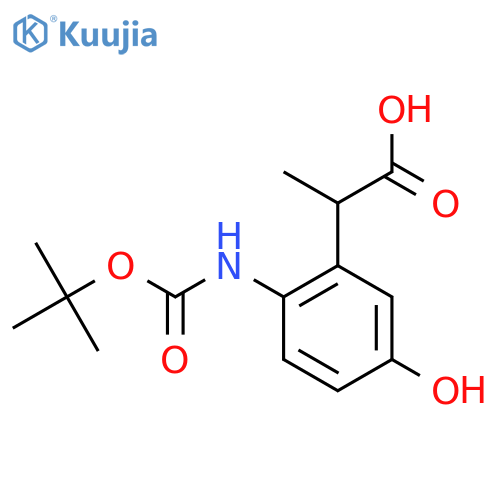 2-(2-{(tert-butoxy)carbonylamino}-5-hydroxyphenyl)propanoic acid structure