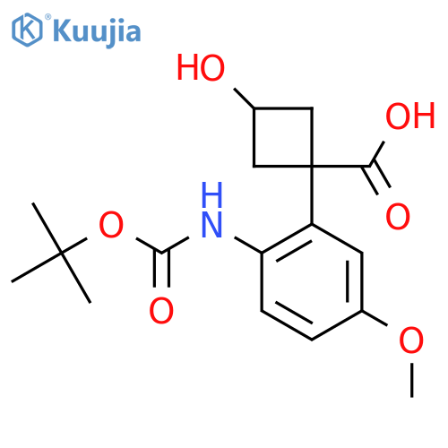 1-(2-{(tert-butoxy)carbonylamino}-5-methoxyphenyl)-3-hydroxycyclobutane-1-carboxylic acid structure