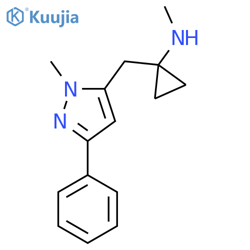 N-methyl-1-(1-methyl-3-phenyl-1H-pyrazol-5-yl)methylcyclopropan-1-amine structure