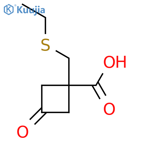 1-(ethylsulfanyl)methyl-3-oxocyclobutane-1-carboxylic acid structure