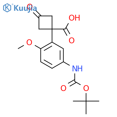 1-(5-{(tert-butoxy)carbonylamino}-2-methoxyphenyl)-3-oxocyclobutane-1-carboxylic acid structure