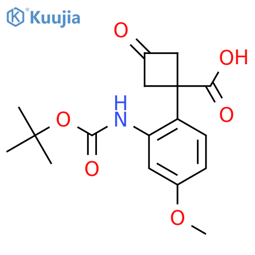 1-(2-{(tert-butoxy)carbonylamino}-4-methoxyphenyl)-3-oxocyclobutane-1-carboxylic acid structure