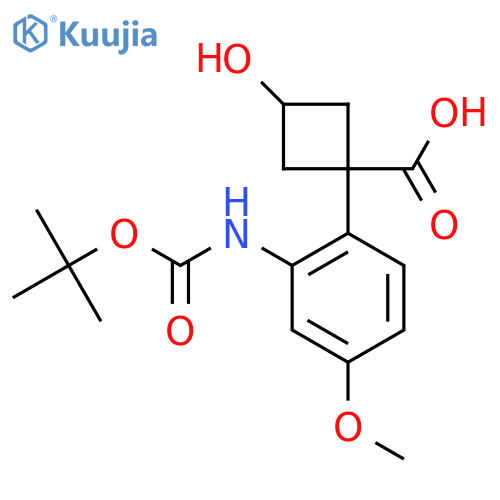 1-(2-{(tert-butoxy)carbonylamino}-4-methoxyphenyl)-3-hydroxycyclobutane-1-carboxylic acid structure
