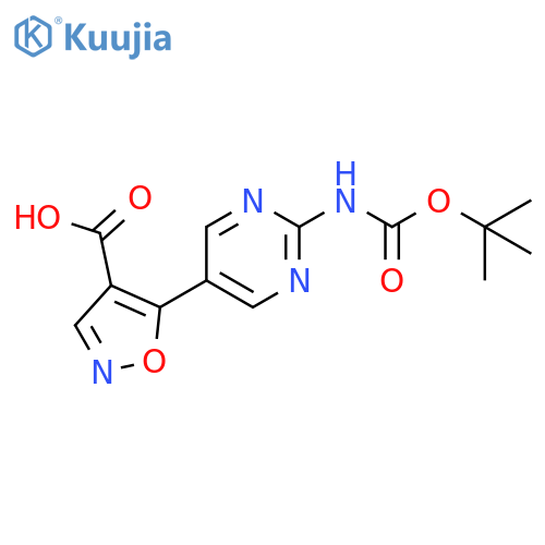 5-(2-{(tert-butoxy)carbonylamino}pyrimidin-5-yl)-1,2-oxazole-4-carboxylic acid structure