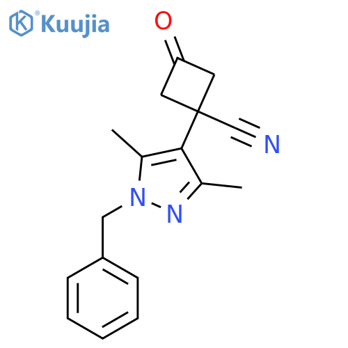 1-(1-benzyl-3,5-dimethyl-1H-pyrazol-4-yl)-3-oxocyclobutane-1-carbonitrile structure