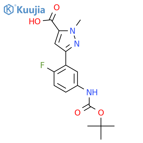 3-(5-{(tert-butoxy)carbonylamino}-2-fluorophenyl)-1-methyl-1H-pyrazole-5-carboxylic acid structure