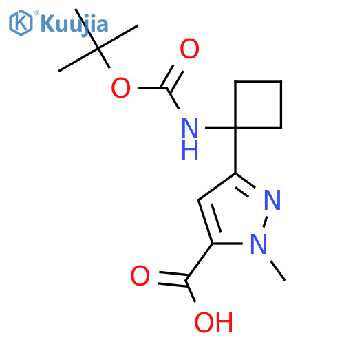 3-(1-{(tert-butoxy)carbonylamino}cyclobutyl)-1-methyl-1H-pyrazole-5-carboxylic acid structure