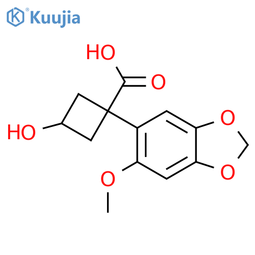 3-hydroxy-1-(6-methoxy-1,3-dioxaindan-5-yl)cyclobutane-1-carboxylic acid structure