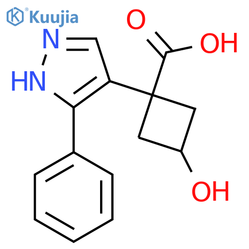 3-hydroxy-1-(3-phenyl-1H-pyrazol-4-yl)cyclobutane-1-carboxylic acid structure