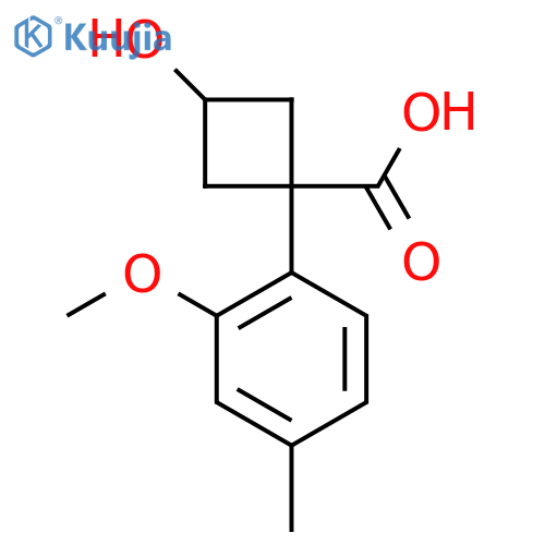 3-hydroxy-1-(2-methoxy-4-methylphenyl)cyclobutane-1-carboxylic acid structure