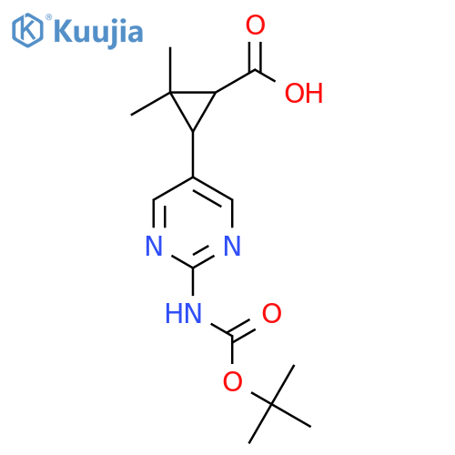 3-(2-{(tert-butoxy)carbonylamino}pyrimidin-5-yl)-2,2-dimethylcyclopropane-1-carboxylic acid structure