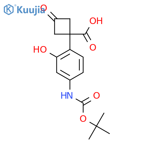 1-(4-{(tert-butoxy)carbonylamino}-2-hydroxyphenyl)-3-oxocyclobutane-1-carboxylic acid structure