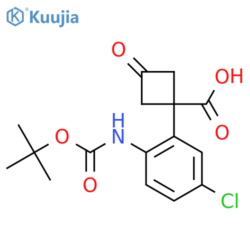 1-(2-{(tert-butoxy)carbonylamino}-5-chlorophenyl)-3-oxocyclobutane-1-carboxylic acid structure