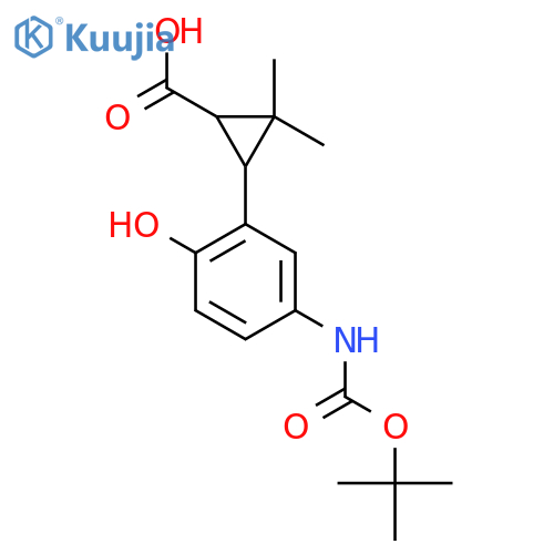 3-(5-{(tert-butoxy)carbonylamino}-2-hydroxyphenyl)-2,2-dimethylcyclopropane-1-carboxylic acid structure