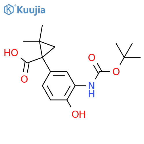 1-(3-{(tert-butoxy)carbonylamino}-4-hydroxyphenyl)-2,2-dimethylcyclopropane-1-carboxylic acid structure